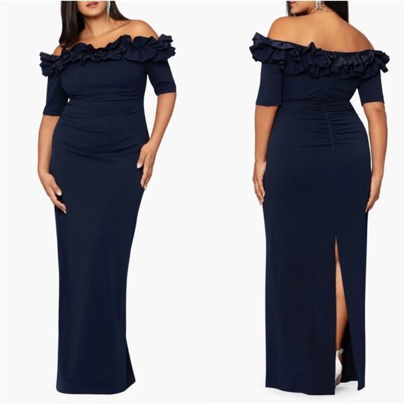 XSCAPE Off the Shoulder Navy Gown 20W Formal Event - Picture 1 of 11